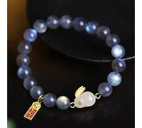 Bracelet en cristal naturel 8 mm Grey Moonstone Gilded Sterling Silver Inraliss Hetian Jade Rabbit Lucky Charm Feng Shui Carte Pendante Amulet Ward Off Evil Spirits for Money Prosperity Cinabar