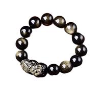 Bracelet en cristal naturel Feng Shui Bracelet Lucky Pixiu avec trois pièces antiques Charme Bracelet en obsidienne dorée amulette bijoux de vacances Attirer de l'argent Prospérité Chance, 12 mm (14