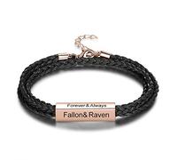 Bracelet en Cuir Acier Inoxydable Fermoir Tressé Prénom Personnalisé Noir Cuir argent/violet/Or rose Cadeau pour Homme Femme Le Petit Ami Le Père Le Frère Anniversaire Fête de Pères (4 cotés)