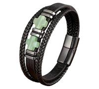 Bracelet En Cuir Avec Croix Pour Homme, Breloque En Pierre Naturelle, Style Vintage, Tressé Multicouches, Fait Main, Avec Fermoir Magnétique, Bijou En Pierres Précieuses, Aventurine Verte, 19 Cm
