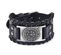 Bracelet en Cuir Boussole Viking Runique Nordique-Bracelet Tressé en Cuir Large Fait À la Main en Métal Vegvisir Amulet -Hommes Femmes Vintage Slavic Cuff Bangle Bijoux(Silver B)