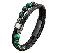 Bracelet En Cuir Et Perles Pour Homme Et Femme, Orné De Pierres Naturelles. Bracelet Jonc Double Couche En Cuir Tressé Noir, Pour La Détente Et Le Bien-Être. Bijou Anti-Stress, Noir, 1 X 23 Cm.