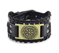 Bracelet En Cuir Homme,Bracelets En Cuir Véritable pour Hommes De Poignet Runiques Boussole Large Manchette Celtique Païen Nordique Viking Réglables Tressés Faits À
