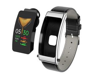(Bracelet en cuir (noir argent)) Montre connectée K50 avec bracelet en cuir de 1,08 pouce et écouteurs