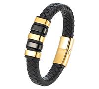 Bracelet En Cuir Noir Pour Homme, Élégant Bracelet Tressé Avec Fermoir Magnétique, Bracelet Manchette Tressé Classique Fait Main, Cadeaux Uniques Pour Papa, Amis, Frères, Fils, Noir-Or, 23 Cm