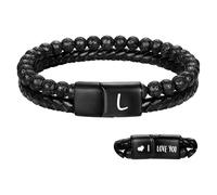 Bracelet En Cuir Noir Pour Homme, Orné D'Une Pierre De Lave Naturelle Et D'Agate Mate. Fermoir Magnétique. Bracelet Initial Gravé « I Love You ». Cadeau Romantique Pour Petit Ami Ou Mari. Lon
