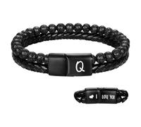 Bracelet En Cuir Noir Pour Homme, Orné D'Une Pierre De Lave Naturelle Et D'Agate Mate. Fermoir Magnétique. Bracelet Initial Gravé « Je T'Aime ». Cadeau Romantique Pour Petit Ami Ou Mari. Long