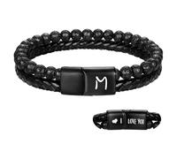 Bracelet En Cuir Noir Pour Homme, Orné D'Une Pierre De Lave Naturelle Et D'Agate Mate. Fermoir Magnétique. Bracelet Initial Gravé « I Love You ». Cadeau Romantique Pour Petit Ami Ou Mari. Tai