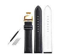 Bracelet en cuir pour homme, 18 mm, 20 mm, 22 mm, longueur 20 cm, motif fibre de carbone et coutures rouges, avec boucle papillon.,Noir Blanc Or,18 mm