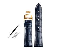 Bracelet en cuir pour homme, 19 mm, 21 mm, 22 mm, longueur 20 cm, bleu foncé, étanche et résistant à la transpiration, accessoire universel remplaçable,Boucle en or bleu,22 mm