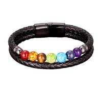 Bracelet En Cuir Pour Homme Avec Fermoir Magnétique, 7 Pierres De Chakra Colorées, Bracelet En Cuir Véritable, Pierre De Guérison Naturelle, Bijoux Cadeau Pour Mari, Petit Ami, Papa, Noir, 23 Cm