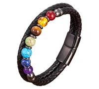 Bracelet En Cuir Pour Homme Avec Fermoir Magnétique, 7 Pierres De Chakra Colorées, Véritable Bracelet En Cuir Véritable, Pierre De Guérison Naturelle, Cadeau Pour Mari, Petit Ami, Papa, Noir-B,