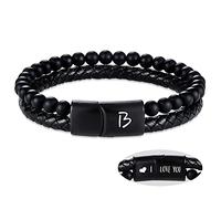Bracelet en cuir pour homme avec initiale de A à Z superposée - Bracelets de perles noires « I Love You » - Cadeau d'anniversaire pour petit ami, papa, mari, fils, Métal, Sans pierre précieuse