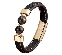 Bracelet En Cuir Pour Homme Avec Perles De Pierres Précieuses Naturelles, Bracelet Manchette En Cuir Noir Tressé Avec Fermeture Magnétique, Bijou Tendance, Cadeau Pour Papa Ou Petit Ami, Couleur