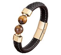 Bracelet En Cuir Pour Homme Avec Perles De Pierres Précieuses Naturelles, Bracelet Manchette En Cuir Noir Tressé Avec Fermeture Magnétique, Bijou Tendance, Cadeau Pour Papa Ou Petit Ami, Doré, 6