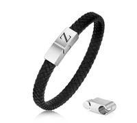 Bracelet en cuir pour homme - Longueur réglable - Avec lettres de l'alphabet - En acier inoxydable - Gravure A-Z - Noir - Bracelet en cuir tressé avec fermeture magnétique
