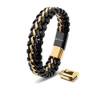Bracelet en Cuir pour Homme, SERASAR, B015-23, Or/Noir, Bijoux élégants et à la mode, cadeau parfait pour mari ou petit ami.