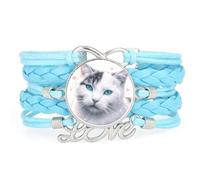 Bracelet En Cuir Tressé Ajustable Bleu Avec Motif Chat Bulle Et Cœur Uniq