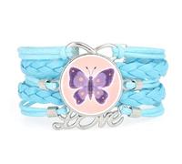 Bracelet En Cuir Tressé Bleu, Orné D'Un Papillon Et D'Une Aile Porte-Bonh