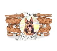 Bracelet En Cuir Tressé Marron, Motif Cœur Et Chien De Berger, Ajustable.