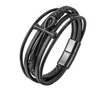 Bracelet En Cuir Tressé Multicouche pour Homme Style Punk Vintage Style Catholique Bijou À Fermoir Magnétique Noir 21 Cm