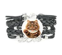 Bracelet En Cuir Tressé Noir À Breloque Cookies Cat, Ajustable, Avec Brel