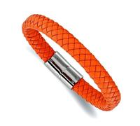 Bracelet en cuir tressé orange poli de 10 mm et acier inoxydable de 21 cm - Cadeau idéal pour maman, taille unique, Cuir Métal Acier inoxydable, Pas de gemme