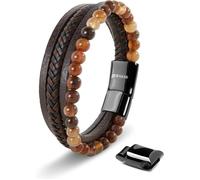 Bracelet en cuir véritable de qualité supérieure SERASAR pour homme [Stone] en marron | Perles en pierre naturelle | 23 cm