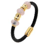 Bracelet En Cuir Véritable Pour Homme Avec Perles En Pierres Précieuses Naturelles, Tressé À La Main, Fermoir Magnétique Intelligent, Bracelet Manchette Pour Homme Et Femme, Quartz Rose, 21 Cm