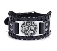 Bracelet en Cuir Viking - Marteau de Thor Nordique, Large Odin Runes Totem, Manchette de Noeud Celtique, Peau de Vache Vintage pour Hommes Femmes (Noir)