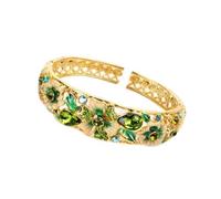 Bracelet en émail，Vintage Bangles Bracelet ovale en émail cloisonné avec strass, bijoux creux Vintage, haut de gamme, dorure de fleurs, charnière de printemps, manchette, cadeau for femmes(Green_Diame