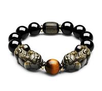 Bracelet en obsidienne dorée naturelle double Pixiu, gravé avec des sutras bouddhistes, bracelet porte-bonheur chinois Feng Shui - Bracelet extensible avec pierres précieuses et énergie de guérison