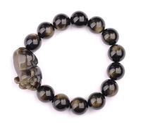 Bracelet en obsidienne dorée naturelle en forme de cochon du zodiaque - Amulette Feng Shui Bracelet extensible en perles pour la chance et la prospérité, 14MM, Pierre, Pas de pierre précieuse