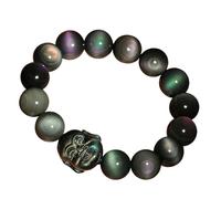 Bracelet en obsidienne œil arc-en-ciel pour l'équilibre des chakras - Amulette Feng Shui avec Bouddha rieur - Talisman en cristal 7A pour la prospérité, la chance et la protection, 12mm, Pierre, Pas