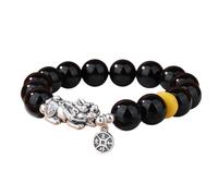 Bracelet en obsidienne noire Feng Shui Pixiu Bracelet de richesse Finition antique Argent pur Piyao Bracelet à breloques en forme de pièce ancienne Chakra Bracelet en cristal naturel Prospérité Chance