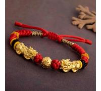 Bracelet en Or Jaune Pur 999 24 carats avec Perles Rouges Porte-Bonheur 3D à Six Mots