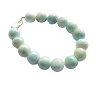 Bracelet en perles rondes de Larimar de 12 mm, taille lisse, fermoir plaqué argent de 17,8 cm, pour hommes et femmes | LK_STACK_04450