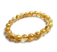 Bracelet en perles rondes en cristal de quartz rutile en or jaune naturel 8 mm AAAAA, One Size, Cristal