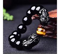 Bracelet en pierre d'obsidienne naturelle Feng Shui - Double pixi porte-bonheur avec une breloque en forme de pièce de monnaie antique - Amulette en cristal œil de tigre - Pour attirer l'argent, la