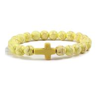 Bracelet en Pierre Naturelle,Perle Chakra Jaune de 8mm Avec Breloque Croix,Élastique et Réglable,pour Hommes et Femmes, pour Dévots Chrétiens.