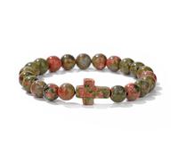 Bracelet en Pierre Naturelle pour Hommes et Femmes,8mm,Fait à La Main,Perles Avec Croix,Réglable,Extensible,Pierres Précieuses Naturelles,pour Cadeaux Religieux,Unakite 8mm
