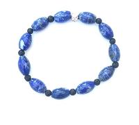 Bracelet en Pierres Naturelles sur élastique, avec Alternance de Perles de Lapis Lazuli Olives et de Perles Rondes de Lave. Cache noeud motif fleur 4 faces en argent 925. (20.00, Centimètres)