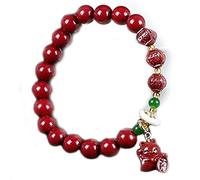 Bracelet en quartz de cinabre naturel avec breloque pour sac d'argent | Talisman Feng Shui de 8 mm pour la bonne fortune et la prospérité | Bijoux en cristal unisexe, Lucky Cat, Pierre, Pas de pierre