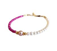 Bracelet en saphir rose birman et perles d'eau douce de 3,5 mm, forme ronde, perles lisses, fermoir plaqué or, 17,8 cm, pour hommes et femmes | LK_STACK_07260