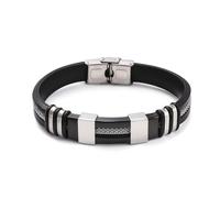 Bracelet en silicone pour homme en acier inoxydable - Noir - Étanche - 22,5 | Cordon en silicone avec tubes incurvés en acier inoxydable de 22,5 cm - Imperméable et facile d'entretien