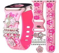 Bracelet en silicone rose floral avec breloques compatible avec Apple Watch 41 mm, 40 mm, 38 mm, 44 mm, 45 mm, 46 mm, 42 mm, 49 mm, bracelet gravé pour iPhone Watch Series 11, 10, 9, 8, 7, 6, 5, 4