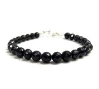 Bracelet en spinelle noire, perles rondes à facettes de 8 mm, fermoir plaqué argent réglable de 17,8 cm, pour hommes et femmes | LK_STACK_01283