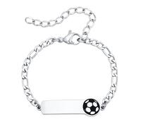 Bracelet Enfant de Football Gourmette Personnalisé - Réglable Acier Inoxydable Bracelet Identification Nom Gravure Chaîne Figaro 3+1 et Football Cadeau d'Anniversaire pour Enfants Bébés Fille Garcon