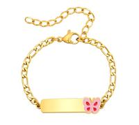 Bracelet Enfant de Papillon Gourmette Personnalisé - Réglable Acier Inoxydable Bracelet Identification Nom Gravure Chaîne Figaro 3+1 et Papillon Cadeau d'Anniversaire pour Enfants Bébés Fille Garcon