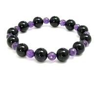 Bracelet extensible en perles de pierres précieuses naturelles améthyste et tourmaline noire de 4 à 10 mm, taillées à facettes et polies, forme ronde, multicolore, 18 cm (7 pouces) | L_STBC_00454_8.5